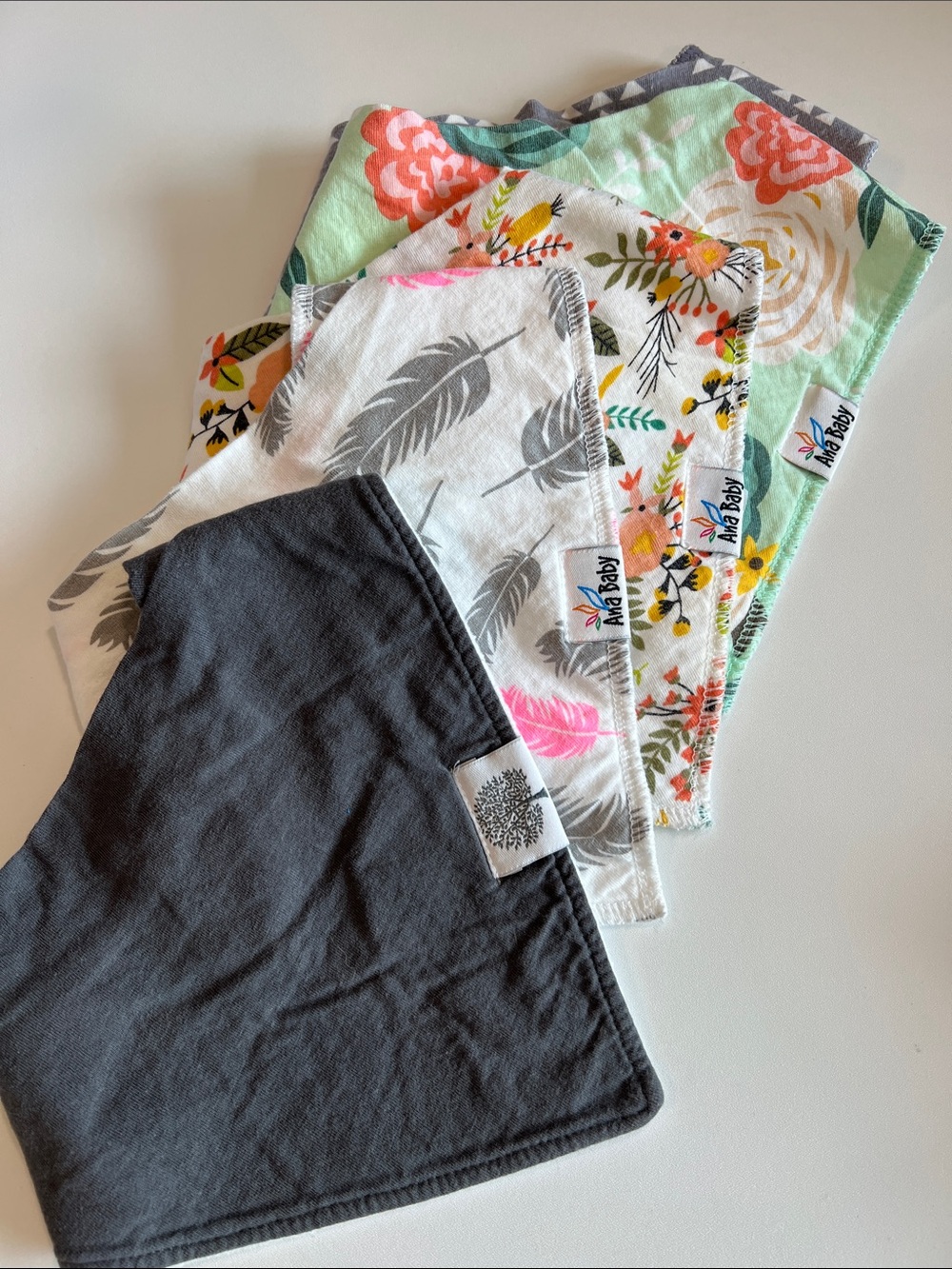 Ana Baby Bandana Bib Set in Charcoal, Gray, Mint & Coral - 5 pc